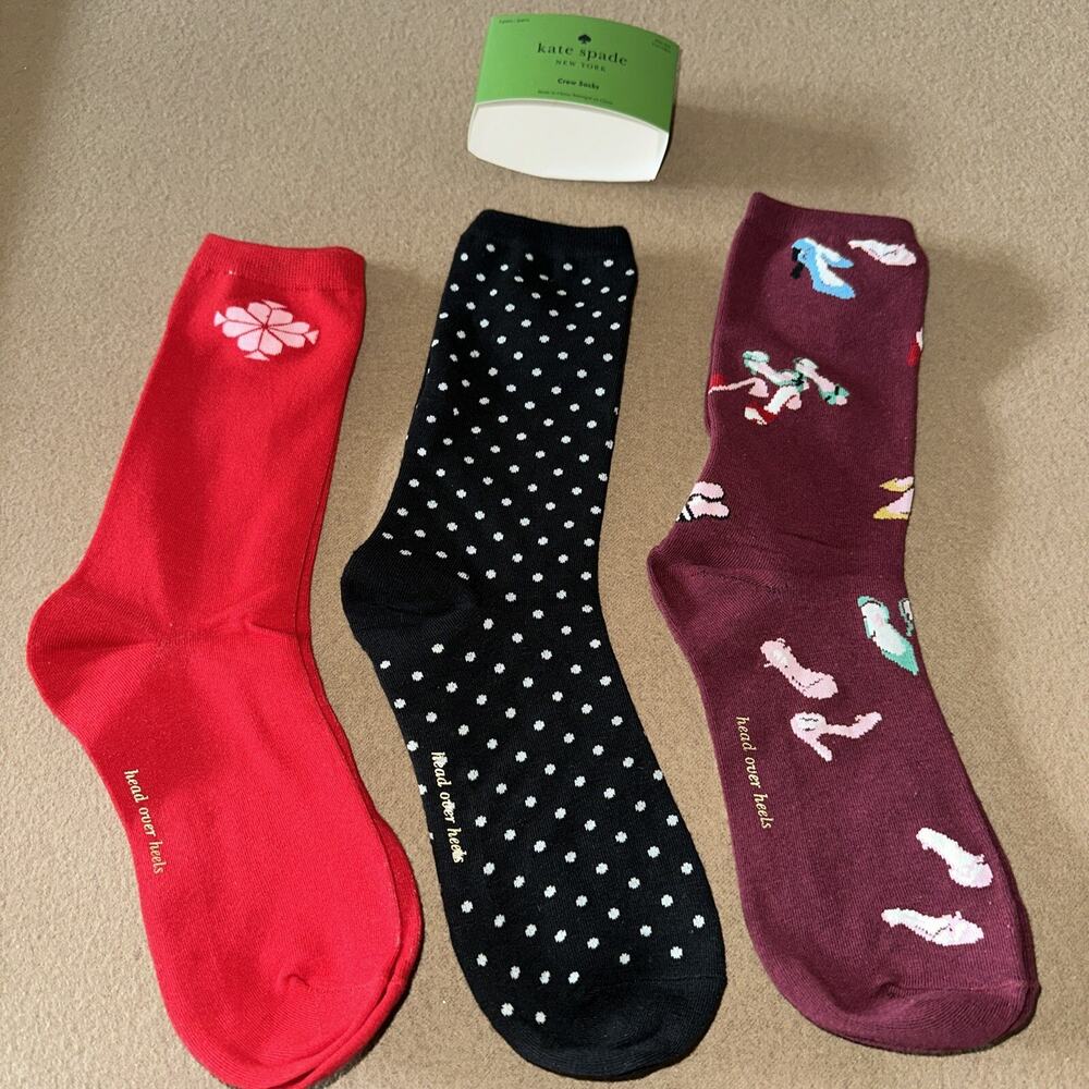 KATE SPADE “Head Over Heels”CREW SOCKS 3-PAIRS Womens Socks Rare